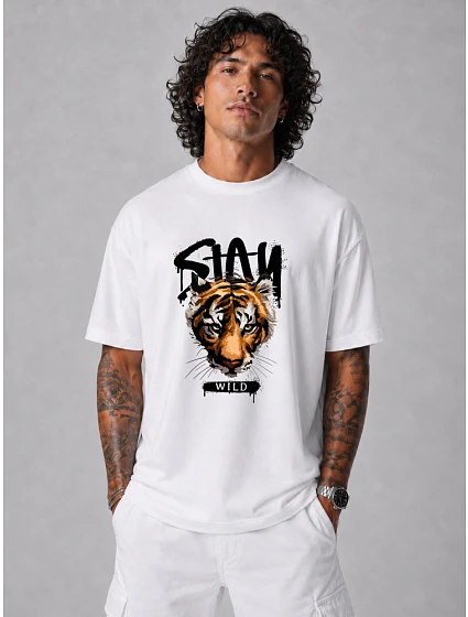 Tshirt męski oversize z nadrukiem bawełniany biały model 22216123 - FashionStreet