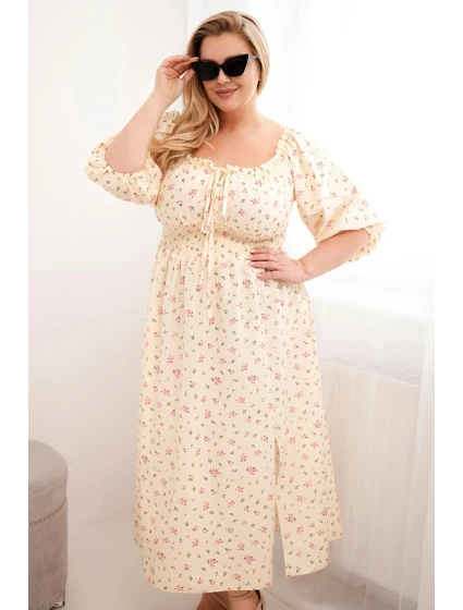 Dámská plus size šaty s výstřihem na šňůrky a elastickým pasem žlutá