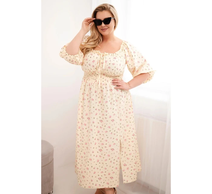 Dámská plus size šaty s výstřihem na šňůrky a elastickým pasem žlutá