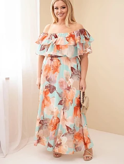 Dámské šaty plus size s volánem a odhalenými model 22092394 s elastickým pasem maxi mátová - K-Fashion