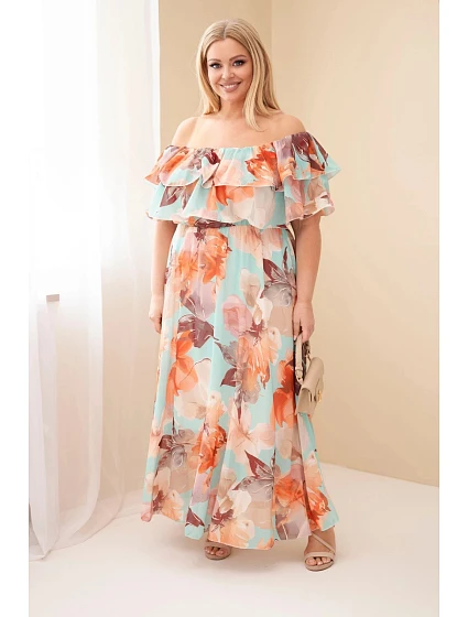 Dámské šaty plus size s volánem a odhalenými model 22092394 s elastickým pasem maxi mátová - K-Fashion