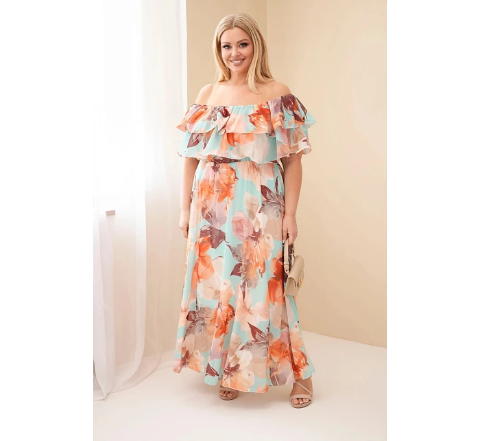 Dámské šaty plus size s volánem a odhalenými model 22092394 s elastickým pasem maxi mátová - K-Fashion