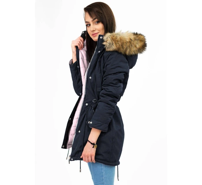 Tmavě modro-růžová oboustranná dámská zimní bunda s kapucí (w211)