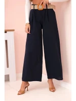 Dámské lněné kalhoty se širokými nohavicemi a páskem námořnická modř