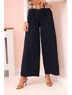Dámské lněné kalhoty se širokými nohavicemi a páskem námořnická modř
