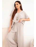 Komplet s náhrdelníkem halenka + kalhoty tmavě béžová