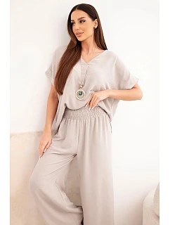 Komplet s náhrdelníkem halenka + kalhoty tmavě béžová