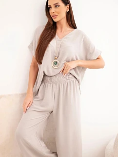 Komplet s náhrdelníkem halenka + kalhoty tmavě béžová