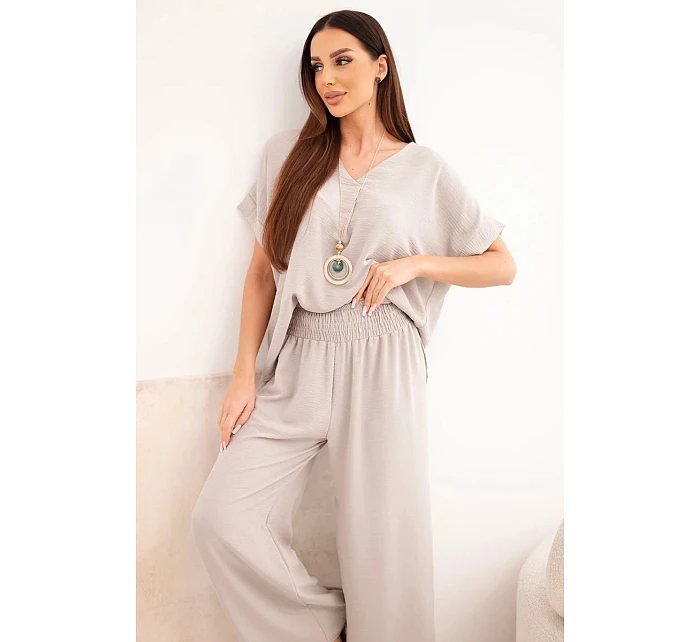 Komplet s náhrdelníkem halenka + kalhoty tmavě béžová