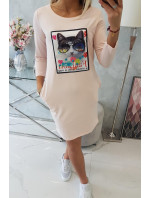 Šaty s kočičí grafikou 3D pudrově růžové