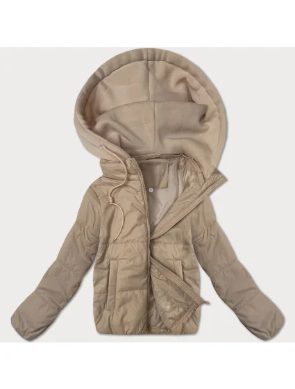 Krátká béžová dámská bunda s kapucí model 21061417 - J.STYLE