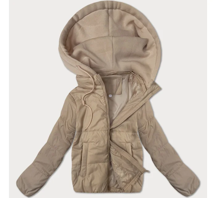 Krátká béžová dámská bunda s kapucí model 21061417 - J.STYLE