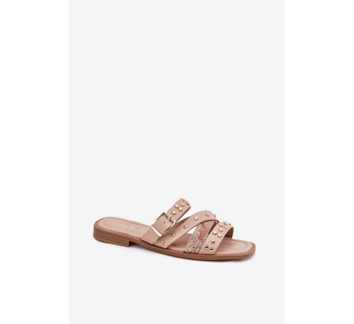 Ozdobené dámské sandály na plochém podpatku se pásky a sponou béžové Manitte Ozdobené dámské sandály na plochém podpatku se pásky a sponou béžové Manitte