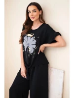 Dámský viskózový komplet s halenkou s potiskem a kalhotami černý