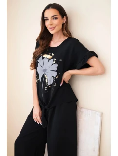 Dámský viskózový komplet s halenkou s potiskem a kalhotami černý