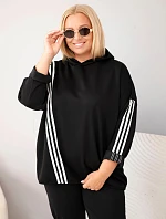 Dámská mikina Plus Size z viskózy s kapucí a ozdobnými proužky černá