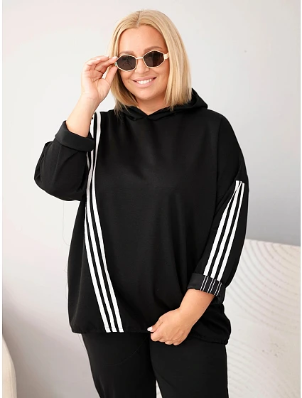 Dámská mikina Plus Size z viskózy s kapucí a ozdobnými proužky černá Dámská mikina Plus Size z viskózy s kapucí a ozdobnými proužky černá