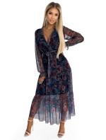 Šaty s výstřihem a dlouhým rukávem Numoco ENRICA - tmavě modré s květy