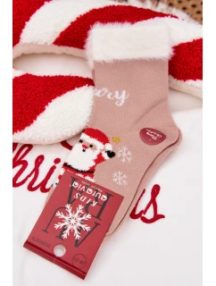 Dětské vánoční ponožky s kožíškem a Santou z alpaka vlny – tmavě béžové