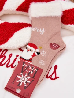 Dětské vánoční ponožky s kožíškem a Santou z alpaka vlny – tmavě béžové