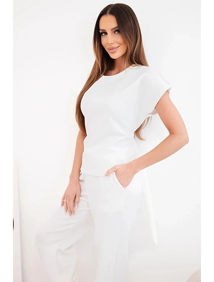 Dámský komplet model 22048829 s halenkou s krátkým rukávem a širokými kalhotami ecru - K-Fashion