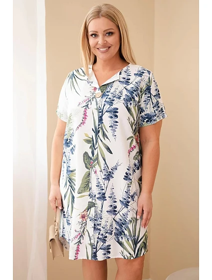 Dámské viskózové šaty Plus Size s krátkým rukávem a výstřihem na knoflíky bílá
