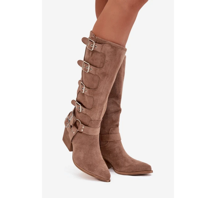 Dámské kozačky kovbojského stylu na podpatku s přezkami Fivelle – tmavě béžové Dámské kozačky kovbojského stylu na podpatku s přezkami Fivelle – tmavě béžové