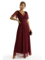 635-5 MELANIA dlouhé lesklé šaty s výstřihem a krátkými rukávy - vínové 635-5 MELANIA dlouhé lesklé šaty s výstřihem a krátkými rukávy - vínové