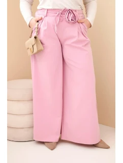 Dámské kalhoty Plus Size s širokou nohavicí a ozdobným květem v pase tmavě růžové