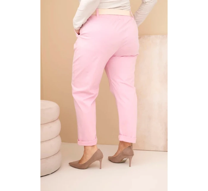 Dámské bavlněné kalhoty Plus Size s páskem světle růžové