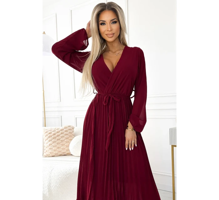 Dámské plisované šifonové šaty ve vínové barvě s výstřihem, dlouhými rukávy a páskem pro zavazování model 21310318 - numoco basic