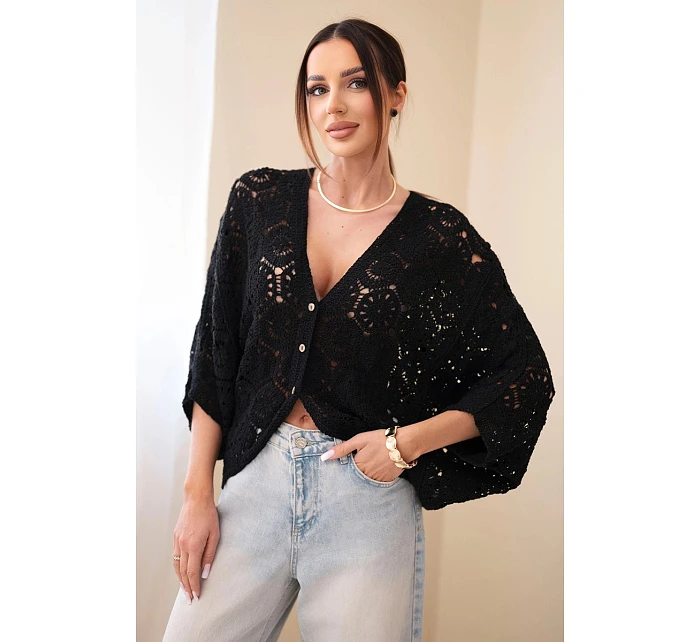 Dámský letní krajkový svetr s knoflíky a dlouhým rukávem černý Dámský letní krajkový svetr s knoflíky a dlouhým rukávem černý