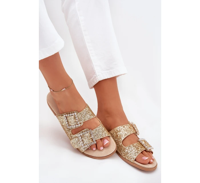 Lesklé zdobené pantofle s přezkami na plochém podpatku zlaté Tovira