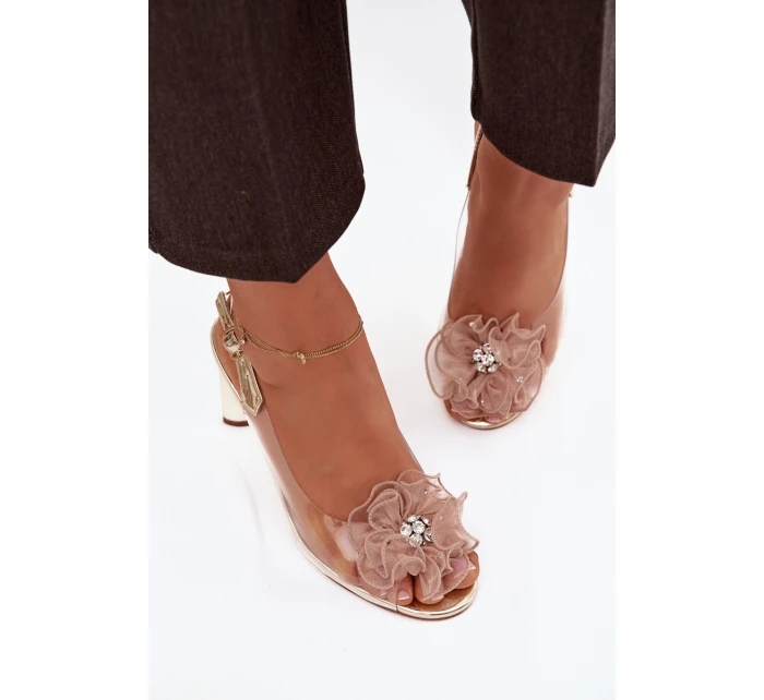 Sandály na podpatku s ozdobou a krystaly D&A MR52-236 zlaté Sandály na podpatku s ozdobou a krystaly D&A MR52-236 zlaté