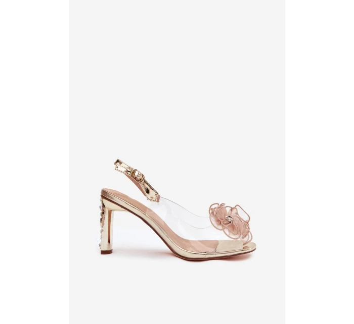 Sandály na podpatku s ozdobou a krystaly D&A MR52-236 zlaté Sandály na podpatku s ozdobou a krystaly D&A MR52-236 zlaté