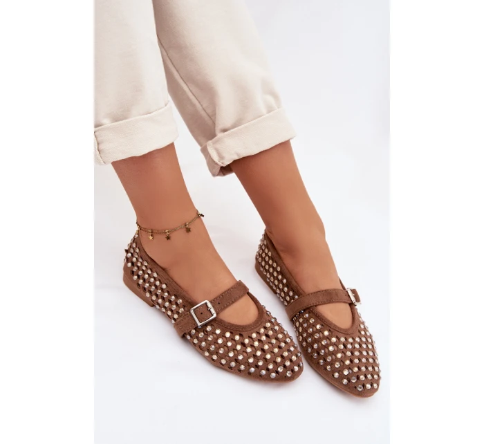 Dámské baleríny s otevřeným vzorem s kamínky a páskem Hnědé Wilvessa