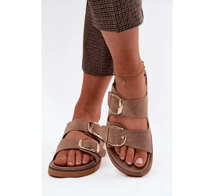 Dámské nazouváky z imitace semiše se zlatými přezkami Khaki model 22122701 - Boto