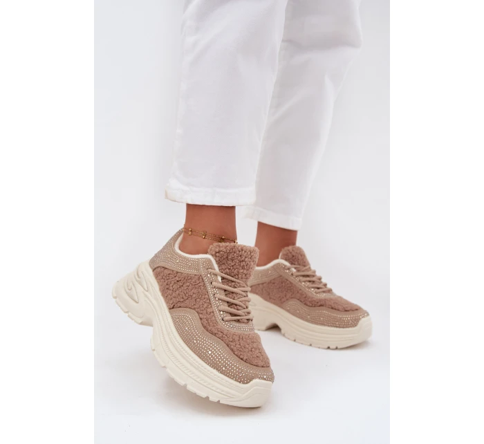 Dámské tenisky s krystaly a beránkovým kožíškem béžové Zarika Dámské tenisky s krystaly a beránkovým kožíškem béžové Zarika