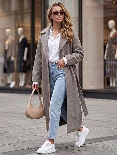 Dlouhý dámský kabát s páskem v přechodové sezóně, kávová barva, FashionStreet NY0774