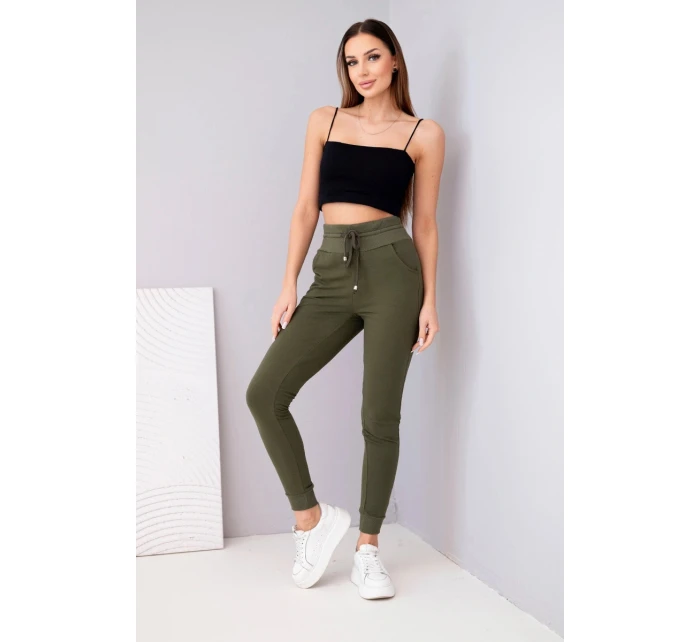 Dámské teplákové kalhoty s vysokým pasem a šňůrkou khaki Dámské teplákové kalhoty s vysokým pasem a šňůrkou khaki