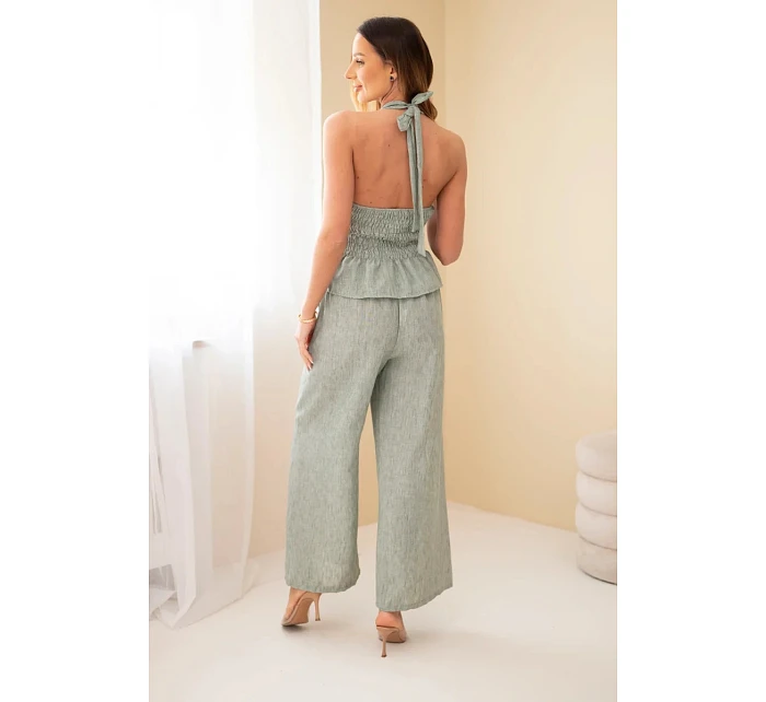 Dámský viskózový komplet – model 22079421 top a kalhoty se širokými nohavicemi khaki - K-Fashion