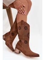 Otevřené dámské kozačky z přírodního semiše na klínu Zazoo 3793 hnědé