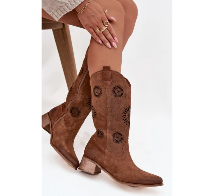 Otevřené dámské kozačky z přírodního semiše na klínu Zazoo 3793 hnědé