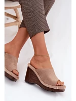 Dámské sandály na platformě z umělé semiše zlaté přezky tmavě béžové Norvia