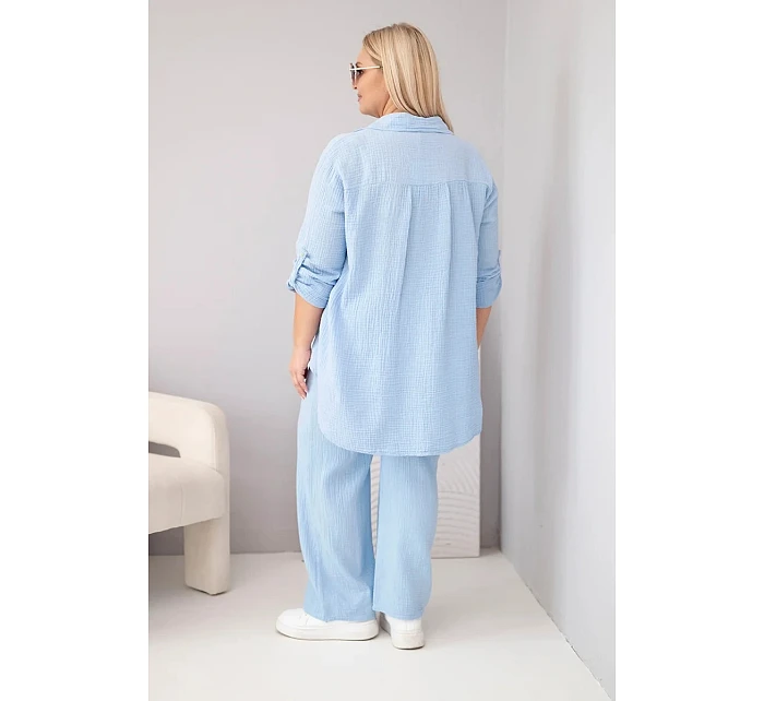 Dámský komplet Plus Size s košilí na knoflíky a s kalhotami se širokými nohavicemi modrý model 22069919 - K-Fashion Dámský komplet Plus Size s košilí na knoflíky a s kalhotami se širokými nohavicemi modrý model 22069919 - K-Fashion