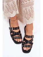 Zdobené Dámské Pantofle Na Plochém Podpatku S Pásky A Přezkou Černé Manitte Zdobené Dámské Pantofle Na Plochém Podpatku S Pásky A Přezkou Černé Manitte