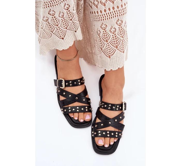 Zdobené Dámské Pantofle Na Plochém Podpatku S Pásky A Přezkou Černé Manitte Zdobené Dámské Pantofle Na Plochém Podpatku S Pásky A Přezkou Černé Manitte