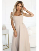 dlouhé šaty s rozparkem a výstřihem typu béžové s brokátem model 21310320 - numoco dlouhé šaty s rozparkem a výstřihem typu béžové s brokátem model 21310320 - numoco