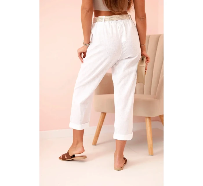 Dámské model 21219995 kalhoty s bavlnou a páskem bílé - K-Fashion