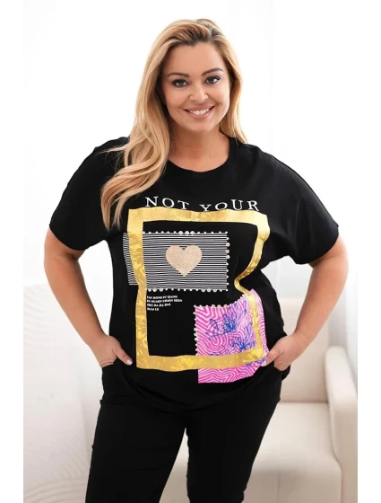Dámská bavlněná halenka Plus Size se zlatým nápisem černá + žlutá